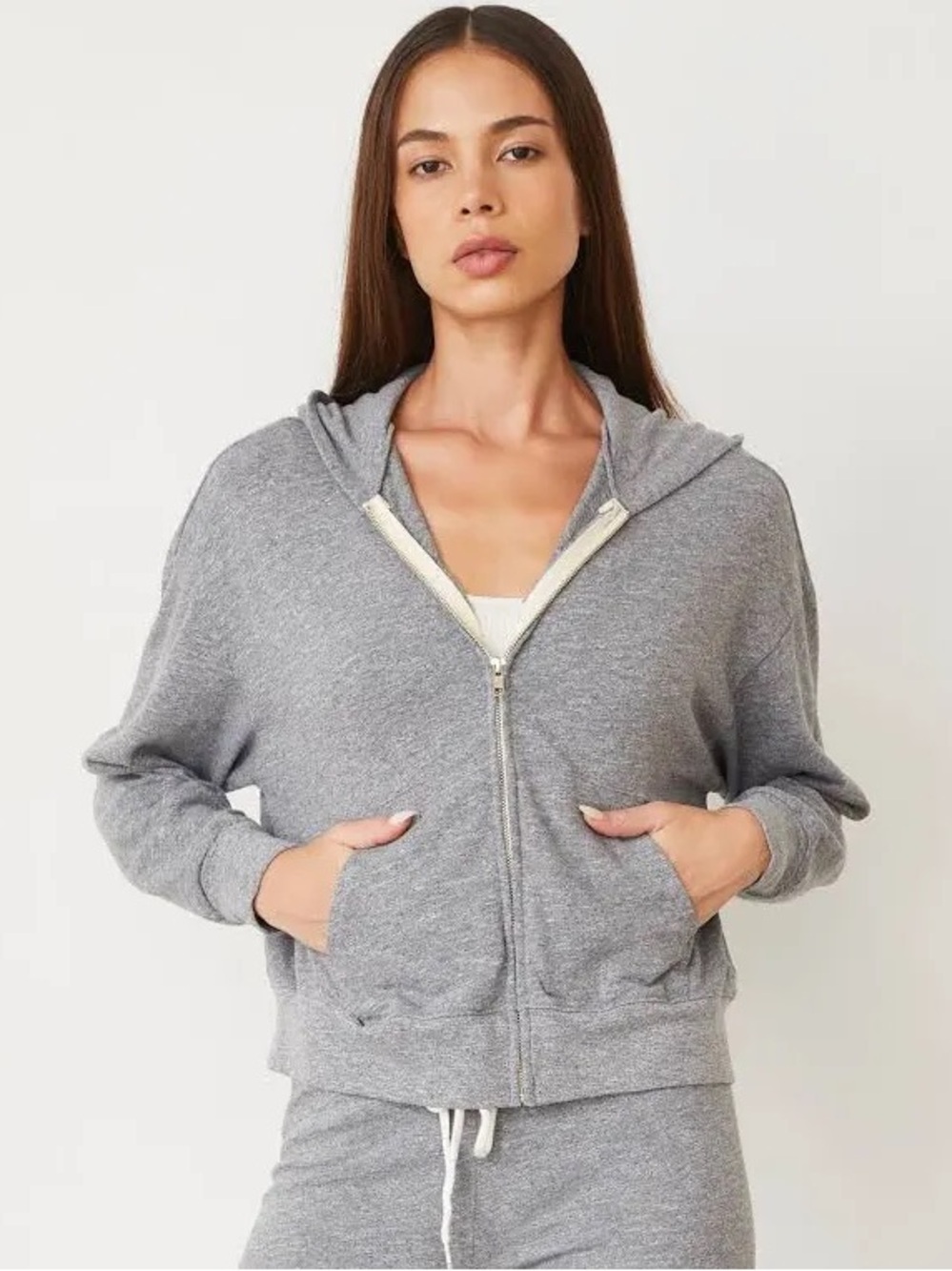 Monrow Grey Ribbed Original Zip Up Hoodie - Picture 2 of 11